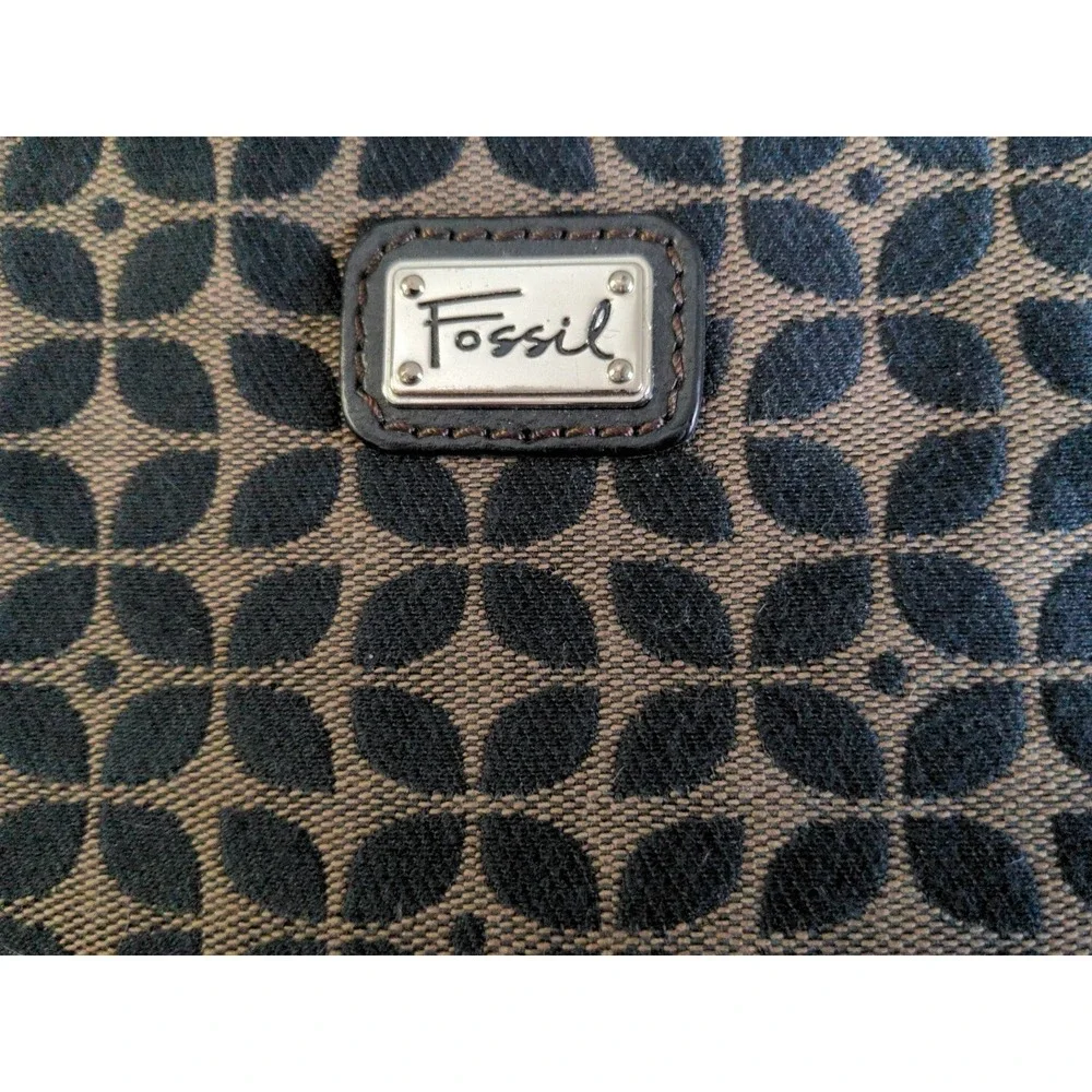 Fossil Black Brown Canvas Leather Wristlet Wallet KeyPer Zip Trim Classic‎